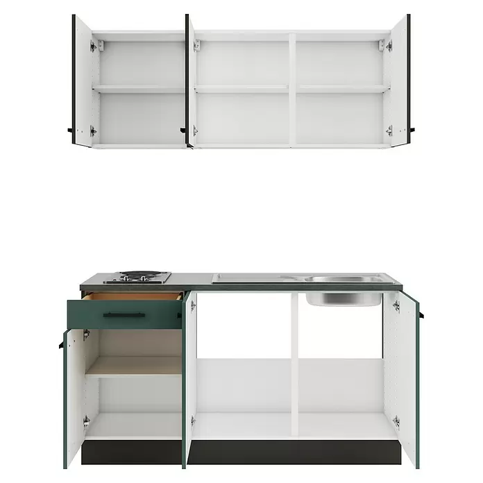 Optifit Madrid420 Singleküche Typ 1 - Breite: 150 cm, Steingrün/Anthrazit, Mit Elektrogeräten - Offene weiße Küchenoberschränke und Unterschrank mit dunkelgrüner Schublade, Kochfeld und Spüle.
