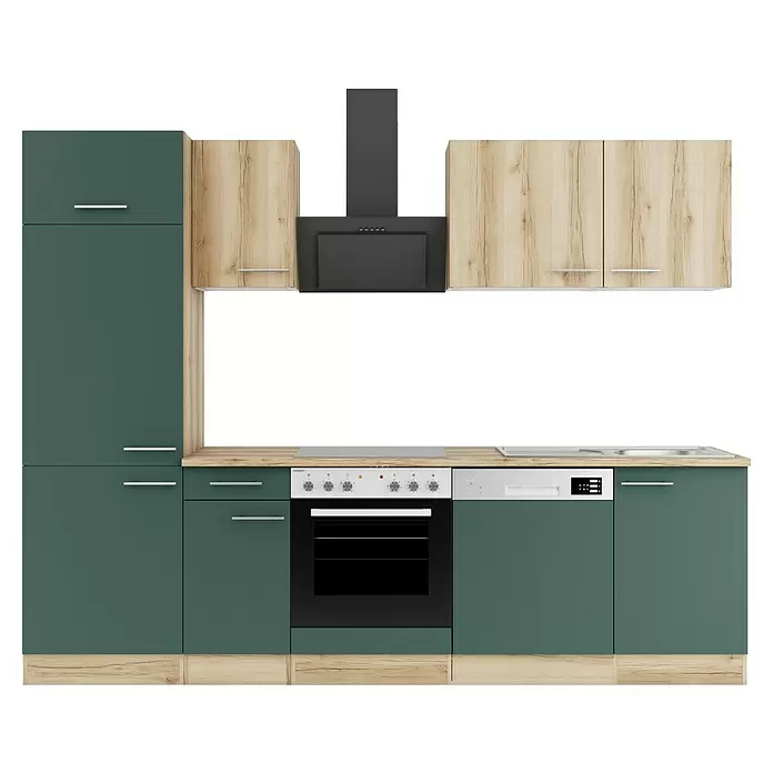 Optifit Livorno290 Küchenleerblock Typ 2 - Breite: 270 cm, Steingrün/Wildeiche Nachbildung, Ohne Elektrogeräte - Moderne Einbauküche in Dunkelgrün und heller Holzoptik, mit Backofen, Kochfeld, Geschirrspüler, Spüle und Dunstabzugshaube.