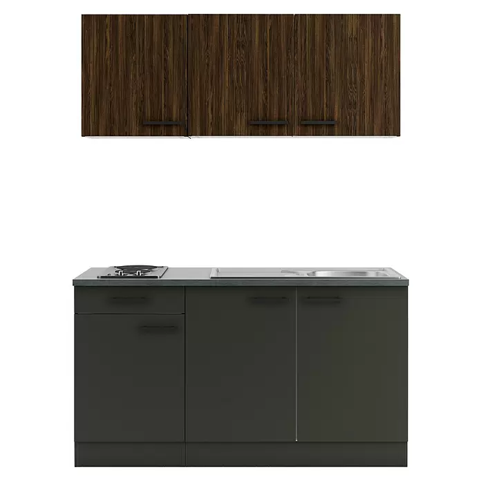 Optifit Madrid420 Singleküche Typ 2 - Breite: 150 cm, Anthrazit/Rillendekor Nussbaum, Mit Elektrogeräten - Dunkle Oberschränke aus Holz und dunkelgraue Unterschränke mit Kochfeld und Spüle.