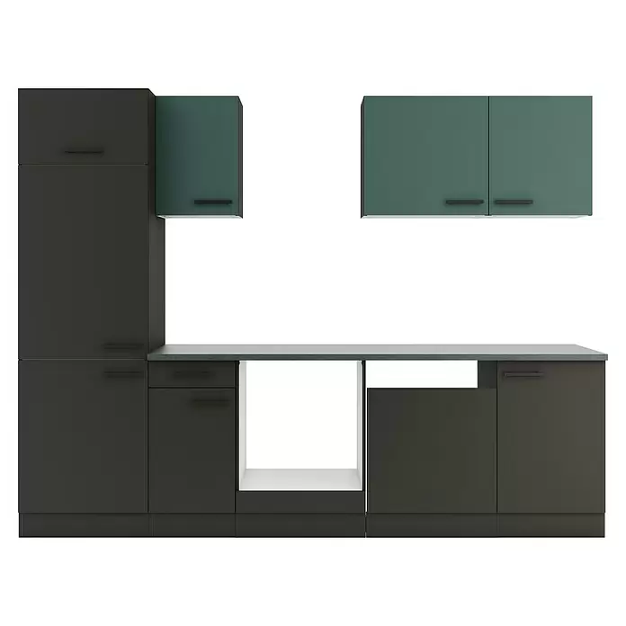 Optifit Verona405 Küchenleerblock Typ 4 - Breite: 270 cm, Anthrazit/Steingrün, Ohne Elektrogeräte - Moderne Küchenschränke in Dunkelgrau und Dunkelgrün mit hellgrauer Arbeitsplatte und dunklen Griffen.