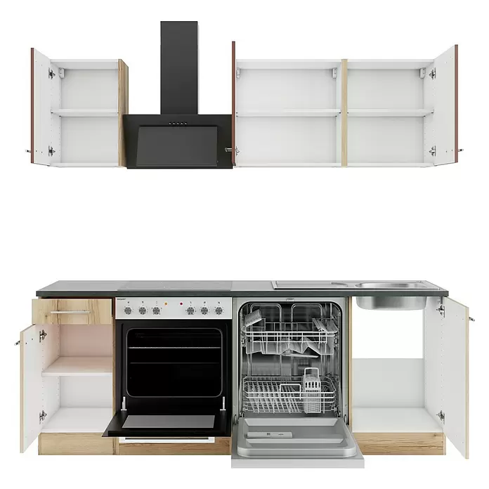 Optifit Bari407 Küchenleerblock Typ 3 - Breite: 210 cm, Rostbraun/Wildeiche Nachbildung, Ohne Elektrogeräte - Moderne Küchenzeile mit offenen hellen Holz- und weißen Schränken, schwarzem Ofen, Geschirrspüler, Dunstabzug und Spüle.