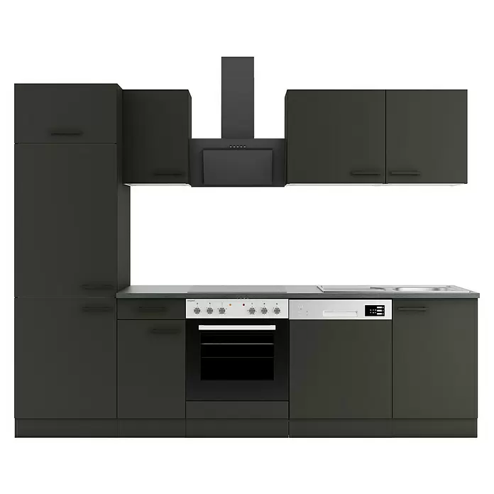Optifit Madrid420 Küchenleerblock Typ 1 - Breite: 270 cm, Anthrazit, Ohne Elektrogeräte - Dunkelgraue Einbauküche mit integriertem Backofen, Kochfeld, Dunstabzugshaube, Spüle und Geschirrspüler, mit schwarzen Griffen und heller Arbeitsplatte.