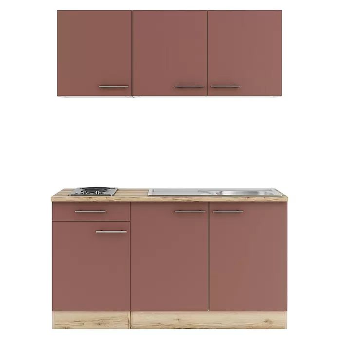 Optifit Bari407 Singleküche Typ 2 - Breite: 150 cm, Rostrot, Mit Elektrogeräten - Rotbraune Küchenzeile mit heller Holzplatte, Ober- und Unterschränken, Kochfeld und Spüle.
