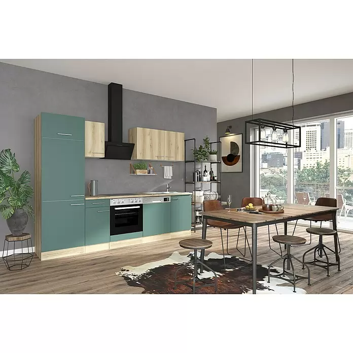 Optifit Livorno290 Küchenzeile Typ 4 - Breite: 270 cm, Steingrün/Wildeiche Nachbildung, Mit Elektrogeräten - Moderne Küche mit grünen Schränken und Holzakzenten, mit integrierten Geräten und einem Esstisch.