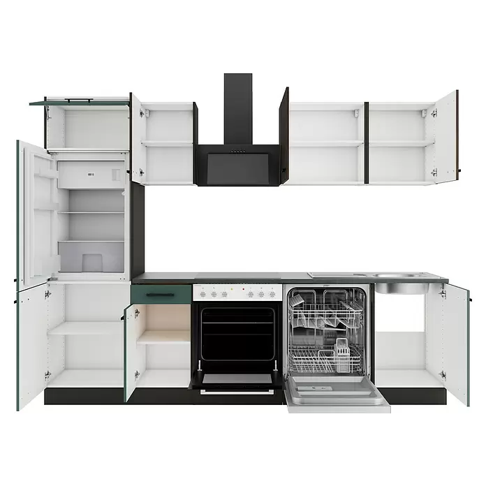 Optifit Verona405 Küchenzeile Typ 4 - Breite: 270 cm, Steingrün/Rillendekor Nussbaum, Mit Elektrogeräten - Modulare Küche: dunkelgrüne & schwarze Schränke mit offenem Kühlschrank, Backofen, Geschirrspüler, Spüle und Regalen.