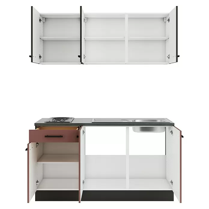Optifit Madrid420 Singleküche Typ 1 - Breite: 150 cm, Rostrot/Anthrazit, Mit Elektrogeräten - Zwei offene Küchenschrank-Sets: ein Oberschrank mit weißen Regalen und ein Unterschrank mit Rosenholzschublade, Kochfeld und Spüle.