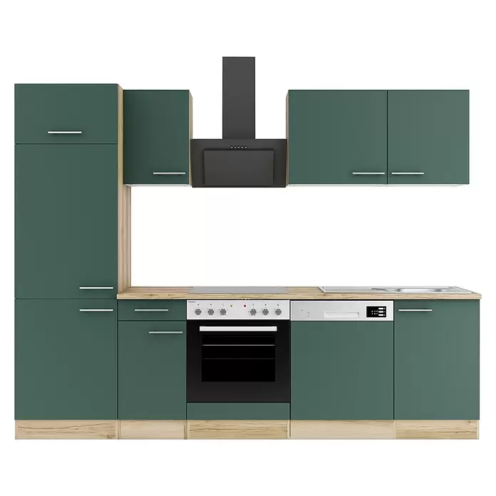 Optifit Savona405 Küchenleerblock Typ 4 - Breite: 270 cm, Steingrün, Ohne Elektrogeräte - Moderne dunkelgrüne Einbauküche mit hellen Holzelementen, integriertem Backofen, Kochfeld, Geschirrspüler und Dunstabzugshaube.