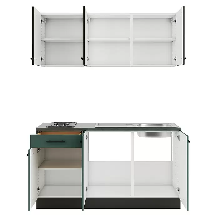 Optifit Verona405 Singleküche Typ 1 - Breite: 150 cm, Steingrün/Rillendekor Nussbaum, Mit Elektrogeräten - Offene weiße und dunkelgraue Küchenschränke mit dunkelgrüner Schublade, integriertem Kochfeld und Spüle, zeigen Innenregale.