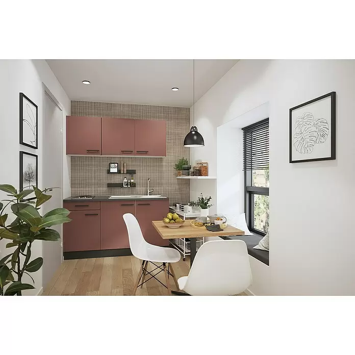 Optifit Nizza407 Singleküche Typ 2 - Breite: 150 cm, Rostrot, Mit Elektrogeräten - Moderne Küche mit Terrakotta-Schränken und kompaktem Essbereich am Fenster.