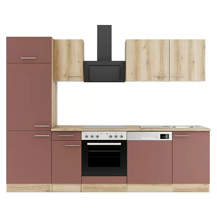 Optifit Livorno290 Küchenleerblock Typ 4 - Breite: 270 cm, Wildeiche Nachbildung/Rostbraun, Ohne Elektrogeräte - Moderne Küchenzeile mit braun-roten Schränken, heller Holzoptik, schwarzen und hellen Geräten, Edelstahlspüle und Griffen.