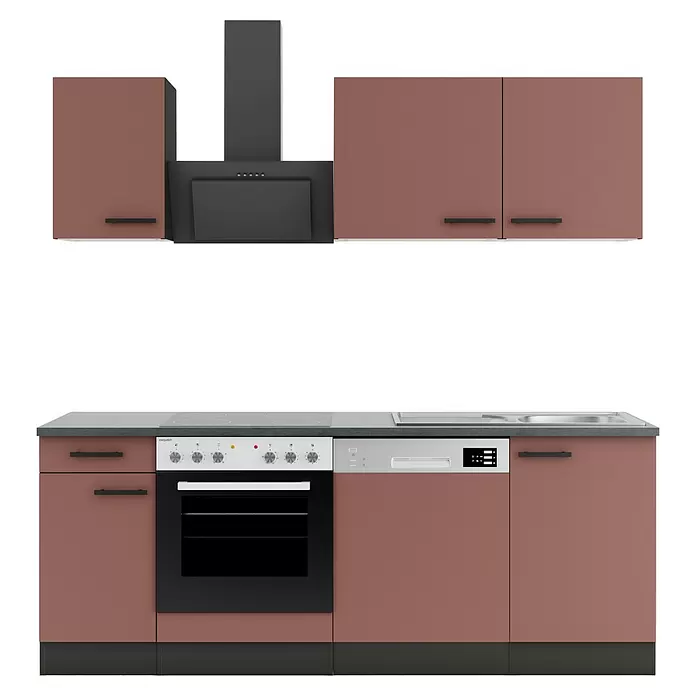Optifit Nizza407 Singleküche Typ 2 - Breite: 210 cm, Rostrot, Mit Elektrogeräten - Moderne Küchenzeile mit Rosenholzschränken, dunkelgrauer Arbeitsplatte, integriertem Ofen, Kochfeld, Dunstabzug, Geschirrspüler und Spüle.