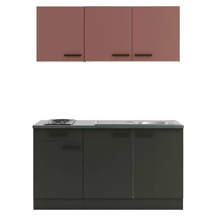 Optifit Nizza407 Singleküche Typ 1 - Breite: 150 cm, Anthrazit/Rostrot, Mit Elektrogeräten - Kompakte Küchenzeile mit rotbraunen Oberschränken, dunkelgrauen Unterschränken, integriertem Kochfeld und Spüle.