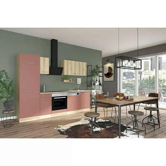 Optifit Livorno290 Küchenzeile Typ 4 - Breite: 270 cm, Wildeiche Nachbildung/Rostbraun, Mit Elektrogeräten - Moderne Küche mit rosa und Holzoptik-Schränken, integriertem Backofen und Essbereich mit Holztisch und Hockern im Industriestil.