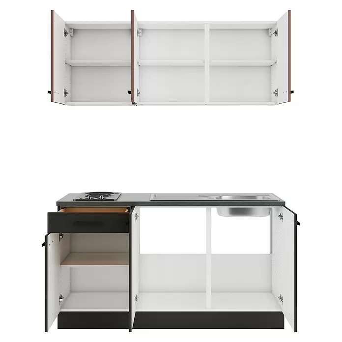 Optifit Nizza407 Singleküche Typ 1 - Breite: 150 cm, Anthrazit/Rostrot, Mit Elektrogeräten - Offene weiße und dunkelgraue Küchenschränke mit integriertem Kochfeld, Spüle und Schublade. Ober- und Unterschränke.