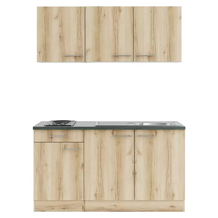 Optifit Livorno290 Singleküche Typ 2 - Breite: 150 cm, Wildeiche Nachbildung, Mit Elektrogeräten - Hellholz-Küchenschrank-Set mit Unterschränken, Elektrokochfeld, Spüle und dunkelgrauer Arbeitsplatte, sowie passenden Oberschränken.