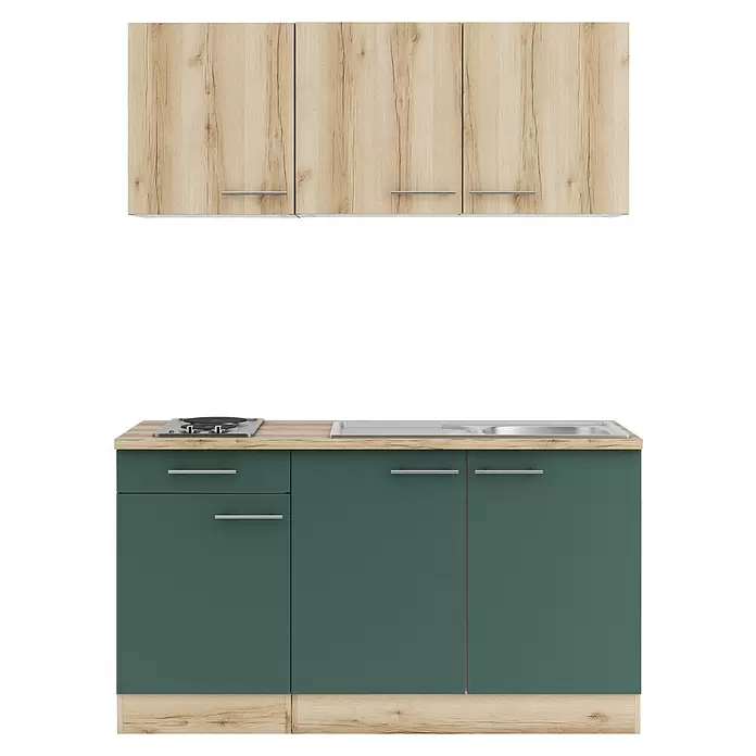 Optifit Livorno290 Singleküche Typ 3 - Breite: 150 cm, Steingrün/Wildeiche Nachbildung, Mit Elektrogeräten - Zweiteilige Modulküche: obere Schränke aus hellem Holz, untere in Dunkelgrün mit Holzoptik-Arbeitsplatte, Kochfeld und Spüle.