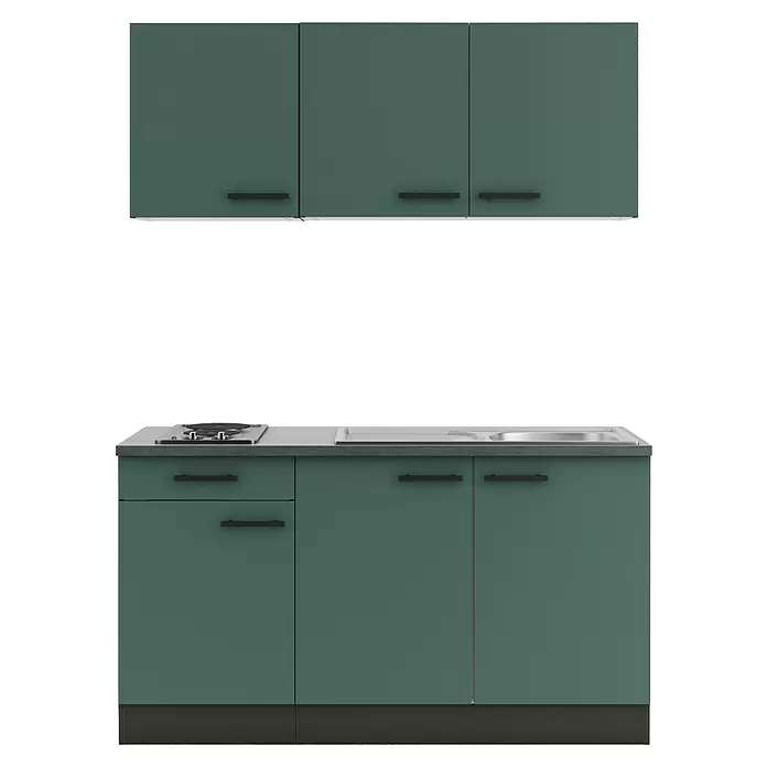 Optifit Verona405 Singleküche Typ 1 - Breite: 150 cm, Steingrün, Wechselseitig aufbaubar - Dunkelgrüne Küchenzeile mit Oberschränken, Kochfeld, Spüle und Unterschränken.