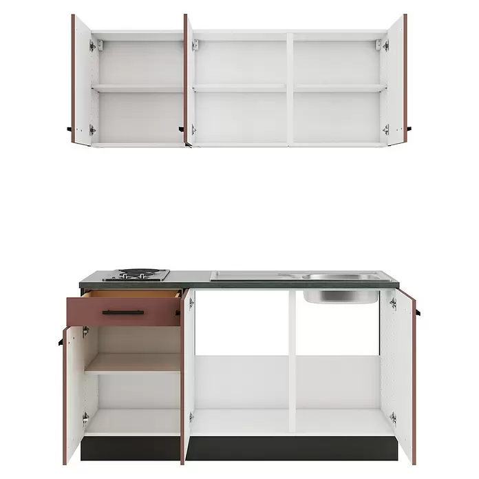 Optifit Nizza407 Singleküche Typ 2 - Breite: 150 cm, Rostrot, Mit Elektrogeräten - Offene modulare Küchenschränke mit braunen Türen, weißen Innenräumen, dunkler Arbeitsplatte, integriertem Kochfeld und Spüle.