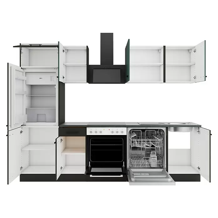 Optifit Verona405 Küchenleerblock Typ 4 - Breite: 270 cm, Anthrazit/Steingrün, Ohne Elektrogeräte - Schwarz-weiße modulare Küchenzeile mit geöffneten Schränken, Kühlschrank, Ofen und Geschirrspüler, zeigt Innenraum.
