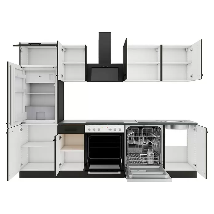 Optifit Madrid420 Küchenleerblock Typ 1 - Breite: 270 cm, Anthrazit, Ohne Elektrogeräte - Schwarz-weiße Küche mit offenen Schränken, Kühlschrank, Ofen und Spülmaschine, innen sichtbar.