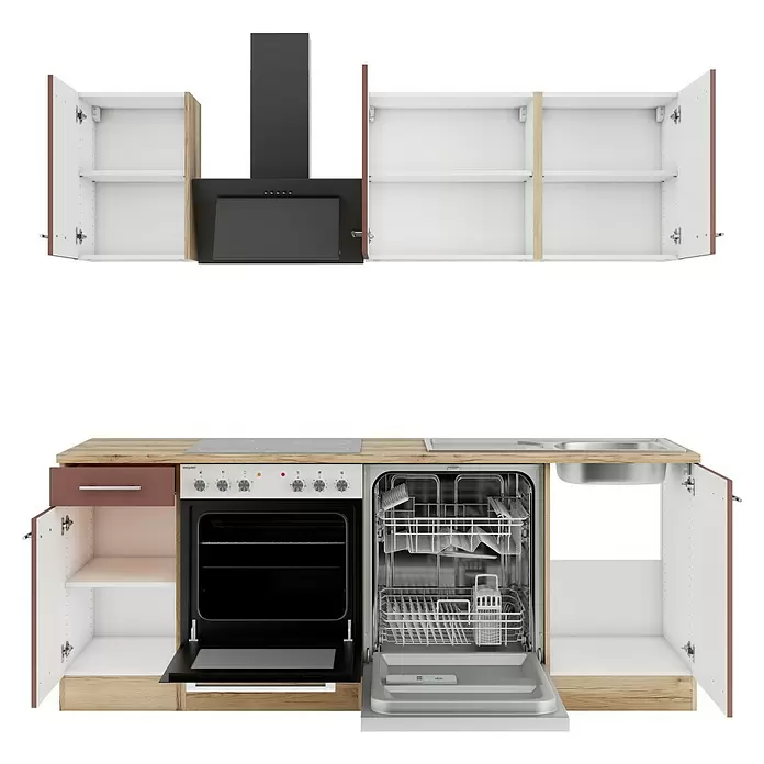 Optifit Bari407 Küchenleerblock Typ 3 - Breite: 210 cm, Rostrot, Ohne Elektrogeräte - Modulare Küchenzeile mit offenen Schränken, Backofen, Geschirrspüler und Spüle. In Holzoptik, Weiß und Braun.