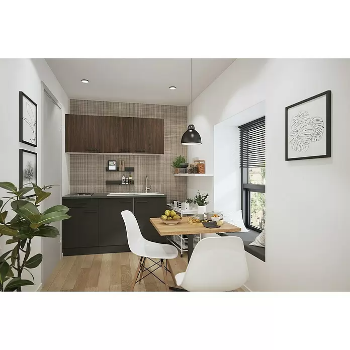 Optifit Madrid420 Singleküche Typ 2 - Breite: 150 cm, Anthrazit/Rillendekor Nussbaum, Mit Elektrogeräten - Moderne Küche und Essbereich mit dunklen Schränken, Holztisch und weißen Stühlen.