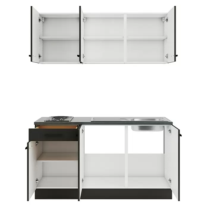 Optifit Madrid420 Singleküche Typ 2 - Breite: 150 cm, Anthrazit/Rillendekor Nussbaum, Mit Elektrogeräten - Modulare Küchenschrankgarnitur mit dunkelgrauen Rahmen, weißen Innenräumen, einer grauen Arbeitsplatte mit integriertem Kochfeld und Spüle.