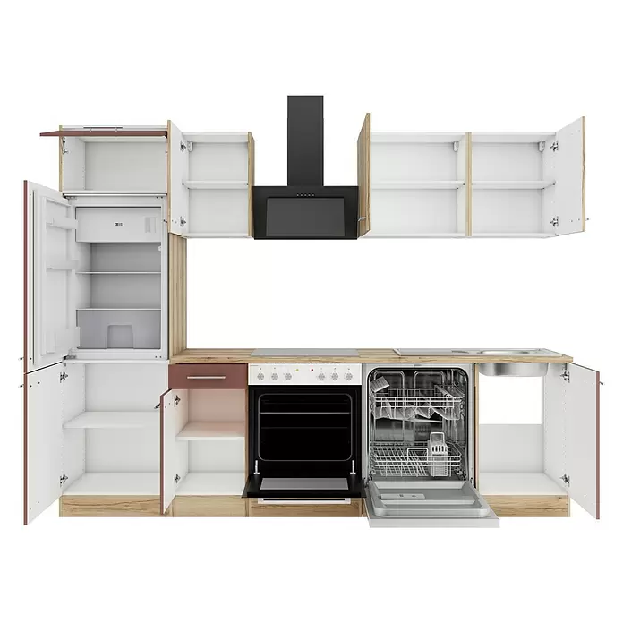 Optifit Livorno290 Küchenleerblock Typ 4 - Breite: 270 cm, Wildeiche Nachbildung/Rostbraun, Ohne Elektrogeräte - Modulare Küchenzeile mit weißen und holzfarbenen Schränken, offene Türen zeigen Kühlschrank, Backofen, Geschirrspüler und Spüle. Mit schwarzer Dunstabzugshaube.
