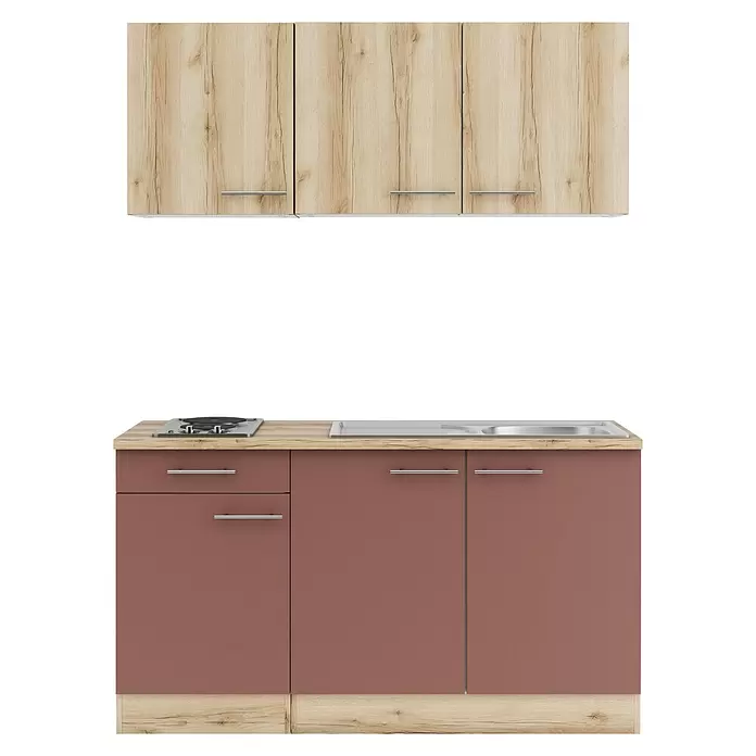 Optifit Livorno290 Singleküche Typ 3 - Breite: 150 cm, Wildeiche Nachbildung/Rostbraun, Wechselseitig aufbaubar - Zweifarbige Küchenschränke mit hellen Holz-Oberschränken und rotbraunen Unterschränken mit Kochfeld und Spüle.