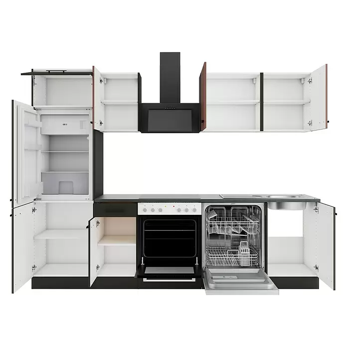 Optifit Nizza407 Küchenzeile Typ 1 - Breite: 270 cm, Anthrazit/Rostrot, Mit Elektrogeräten - Modulare Küche mit offenen weißen und schwarzen Schränken, integriertem Kühlschrank, Backofen, Geschirrspüler, Spüle und schwarzer Dunstabzugshaube.