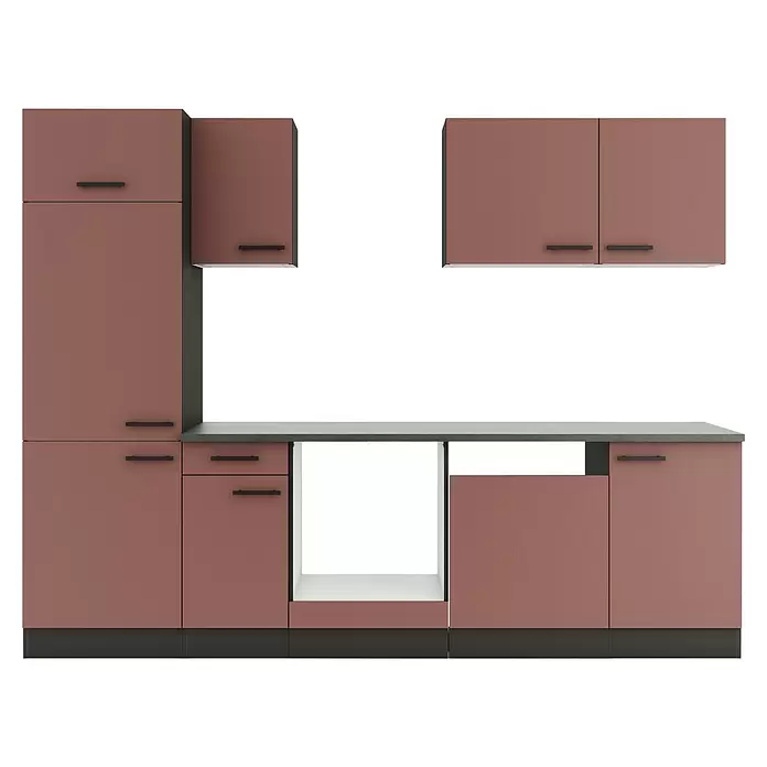 Optifit Nizza407 Küchenleerblock Typ 1 - Breite: 270 cm, Rostrot, Ohne Elektrogeräte - Moderne Küchenzeile in mattem Rosa mit schwarzen Griffen, dunkler Arbeitsplatte, Schränken und Geräteaussparung.