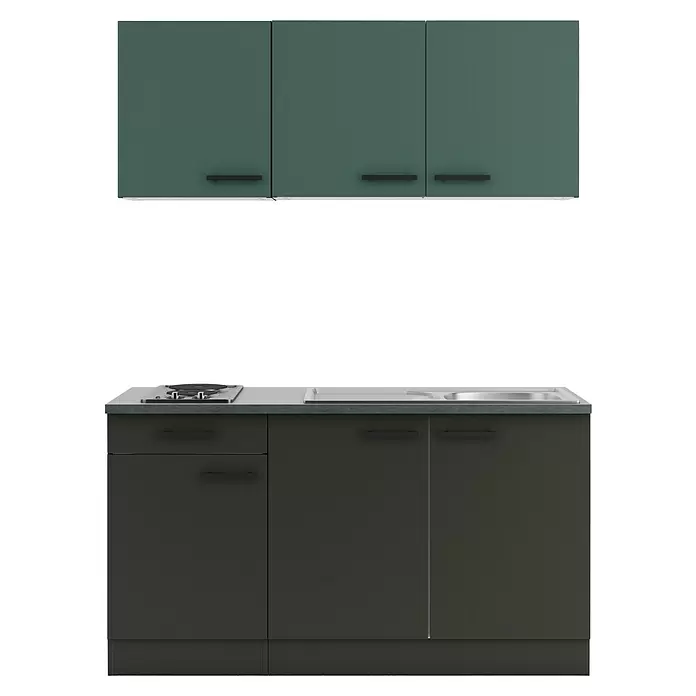 Optifit Verona405 Singleküche Typ 1 - Breite: 150 cm, Anthrazit/Steingrün, Mit Elektrogeräten - Kompakte Küchenzeile mit dunkelpetrolfarbenen Oberschränken und dunkelgrauen Unterschränken, inklusive Kochfeld und Spüle.