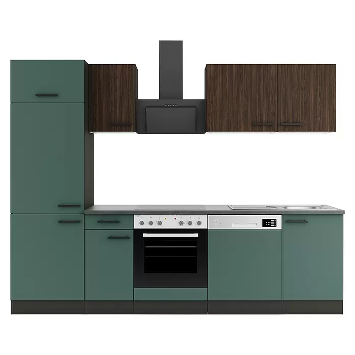 Optifit Verona405 Küchenzeile Typ 4 - Breite: 270 cm, Steingrün/Rillendekor Nussbaum, Mit Elektrogeräten - Moderne Küchenzeile mit grünen Unterschränken, Hängeschränken aus dunklem Holz, integriertem Backofen, Kochfeld, Geschirrspüler und Dunstabzugshaube.