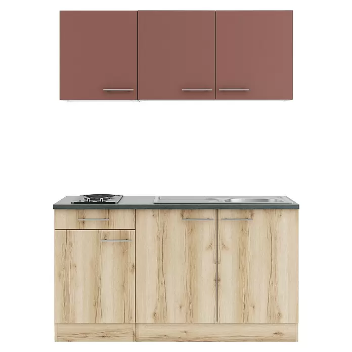 Optifit Bari407 Singleküche Typ 1 - Breite: 150 cm, Rostbraun/Wildeiche Nachbildung, Wechselseitig aufbaubar - Drei dunkelrote Hängeschränke über einem hellen Unterschrank in Holzoptik mit integriertem Kochfeld und Spüle.