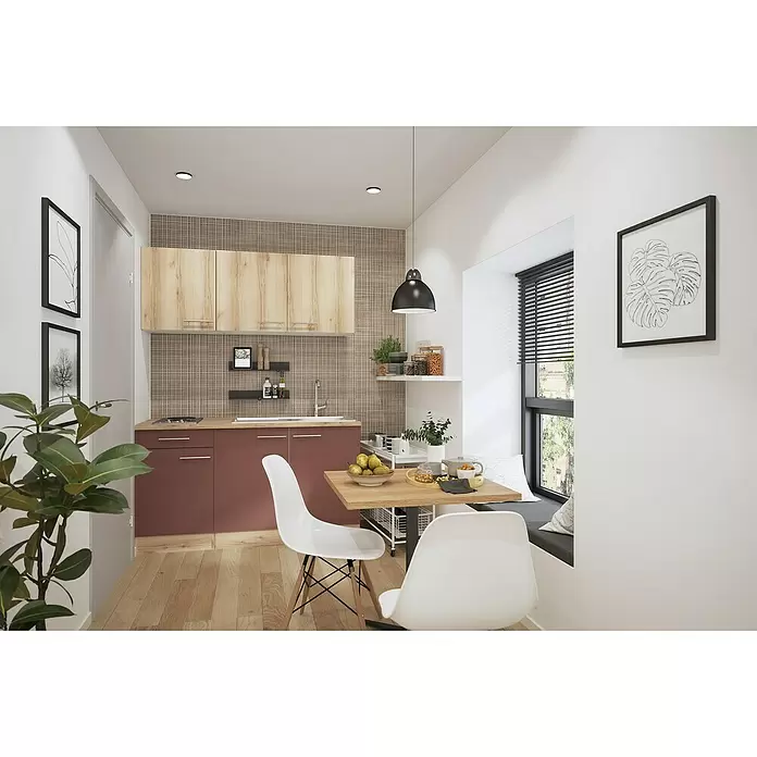 Optifit Livorno290 Singleküche Typ 3 - Breite: 150 cm, Wildeiche Nachbildung/Rostbraun, Wechselseitig aufbaubar - Kompakte Küche und Essbereich mit holzfarbenen und kastanienbraunen Schränken, kleinem Esstisch und Stühlen, Fenstersitz.