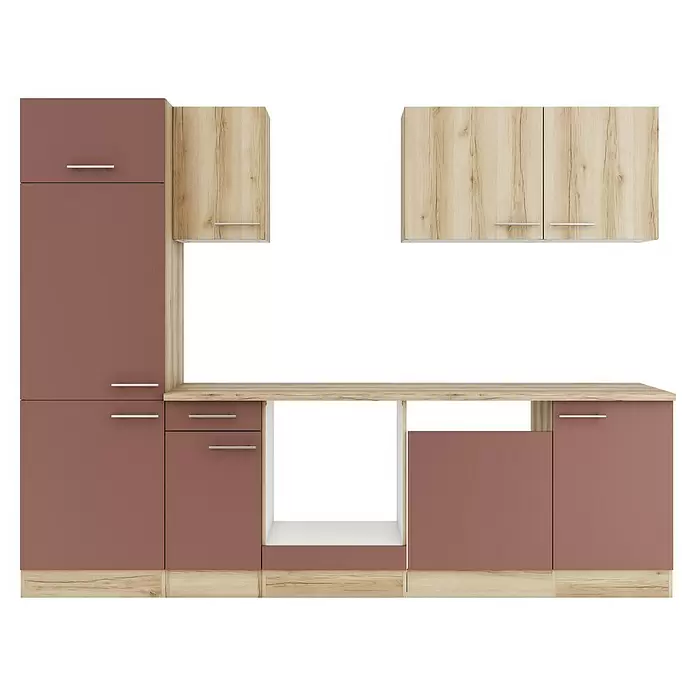 Optifit Livorno290 Küchenleerblock Typ 4 - Breite: 270 cm, Wildeiche Nachbildung/Rostbraun, Ohne Elektrogeräte - Küchenschrank-Set mit braun-mauve Türen und Schubladen, hellen Holzmaserungspaneelen und Arbeitsplatte.