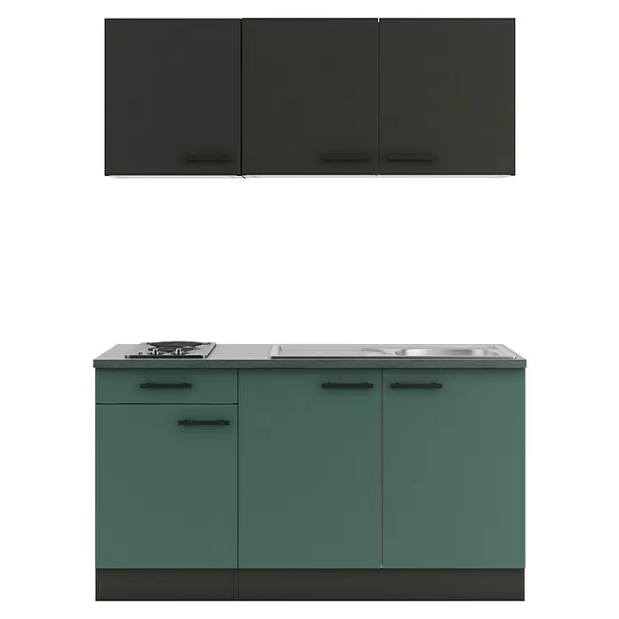 Optifit Madrid420 Singleküche Typ 1 - Breite: 150 cm, Steingrün/Anthrazit, Mit Elektrogeräten - Kompakte Küchenzeile mit dunkelgrauen Oberschränken und petrolfarbenen Unterschränken mit Kochfeld und Spüle.