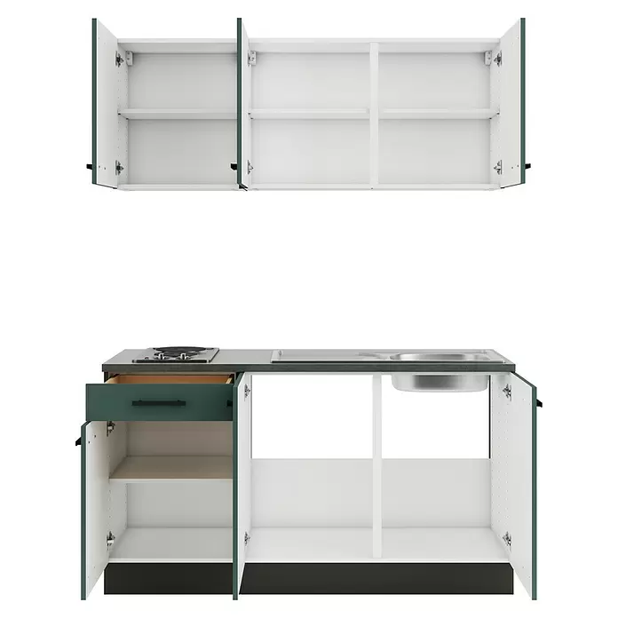 Optifit Verona405 Singleküche Typ 1 - Breite: 150 cm, Steingrün, Wechselseitig aufbaubar - Weiße und dunkelgrüne modulare Küchenzeile mit offenen Schränken, Kochfeld, Spüle und Schublade.