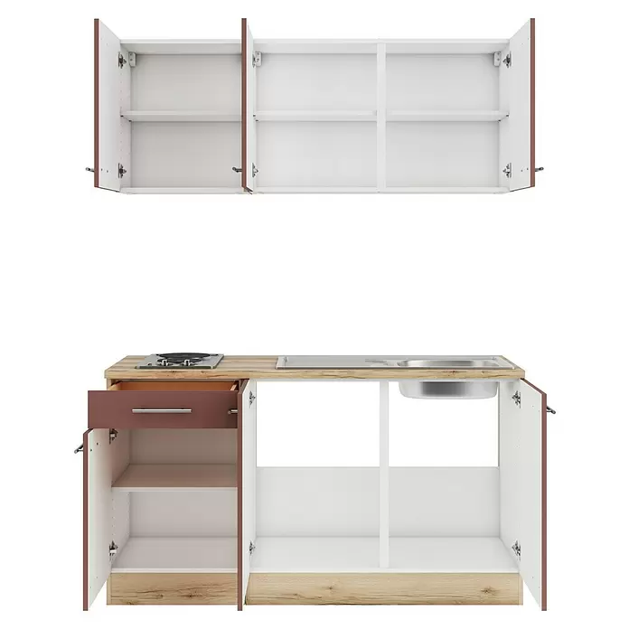 Optifit Bari407 Singleküche Typ 2 - Breite: 150 cm, Rostrot, Mit Elektrogeräten - Modulare Küchenschränke mit weißen Innenräumen, braunen Fronten, Arbeitsplatte in Holzoptik, integriertem Kochfeld & Spüle. Türen & Schublade offen.