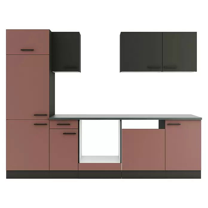 Optifit Madrid420 Küchenleerblock Typ 4 - Breite: 270 cm, Rostrot/Anthrazit, Ohne Elektrogeräte - Moderne modulare Küchenschränke in Altrosa und Dunkelgrau mit schwarzen Griffen und grauer Arbeitsplatte.