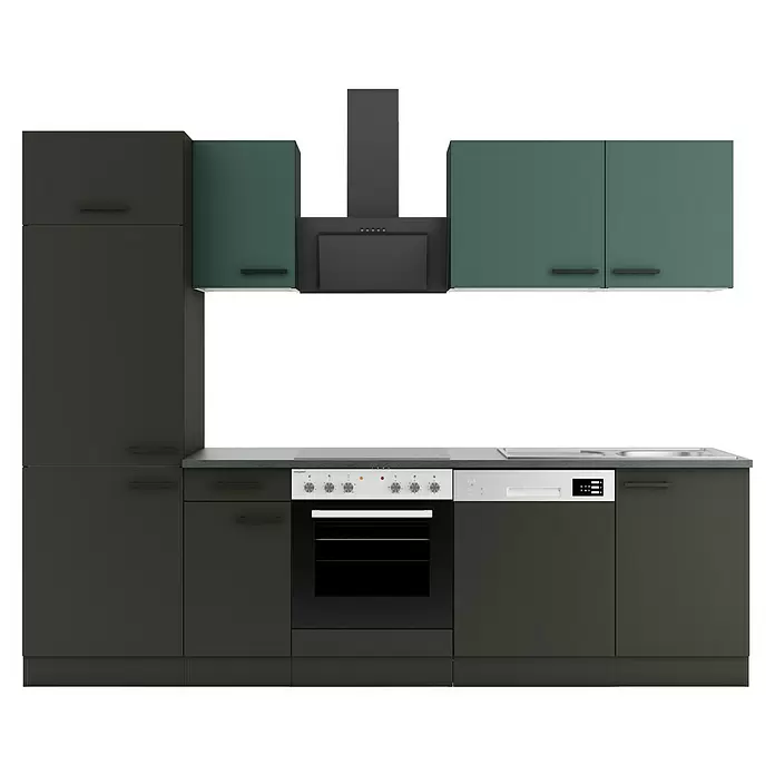 Optifit Verona405 Küchenleerblock Typ 4 - Breite: 270 cm, Anthrazit/Steingrün, Ohne Elektrogeräte - Dunkelgraue und grüne Einbauküche mit Backofen, Kochfeld, Spüle, Geschirrspüler und Dunstabzugshaube.