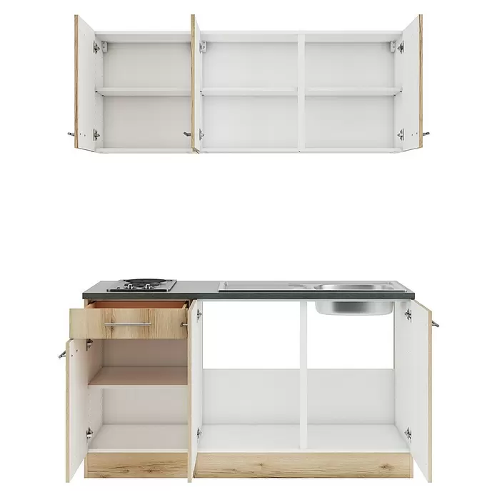 Optifit Livorno290 Singleküche Typ 2 - Breite: 150 cm, Wildeiche Nachbildung, Mit Elektrogeräten - Offene Küchenschrank-Garnitur mit weißen und hellen Holz-Elementen, geöffneten Türen, Schubladen, Kochfeld und Spüle.
