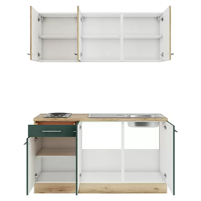 Optifit Livorno290 Singleküche Typ 3 - Breite: 150 cm, Steingrün/Wildeiche Nachbildung, Mit Elektrogeräten - Offene Küchenschränke: weiße und helle Holzoptik-Oberschränke, Unterschränke mit grüner Schublade, Spüle und Kochfeld.