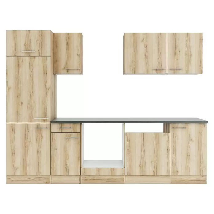 Optifit Livorno290 Küchenleerblock Typ 1 - Breite: 270 cm, Wildeiche Nachbildung, Ohne Elektrogeräte - Modulare Küchenschränke in heller Holzoptik mit dunkler Arbeitsplatte und silbernen Griffen.