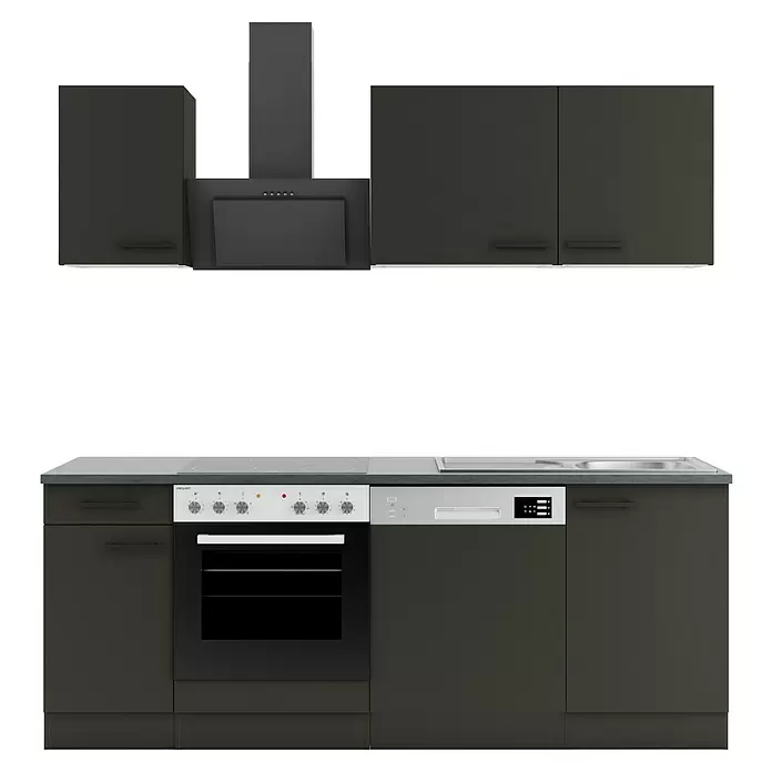 Optifit Madrid420 Singleküche Typ 3 - Breite: 210 cm, Anthrazit, Mit Elektrogeräten - Dunkelgraue Küchenzeile mit Unter- und Oberschränken, Backofen, Kochfeld, Spüle, Geschirrspüler und Dunstabzugshaube.