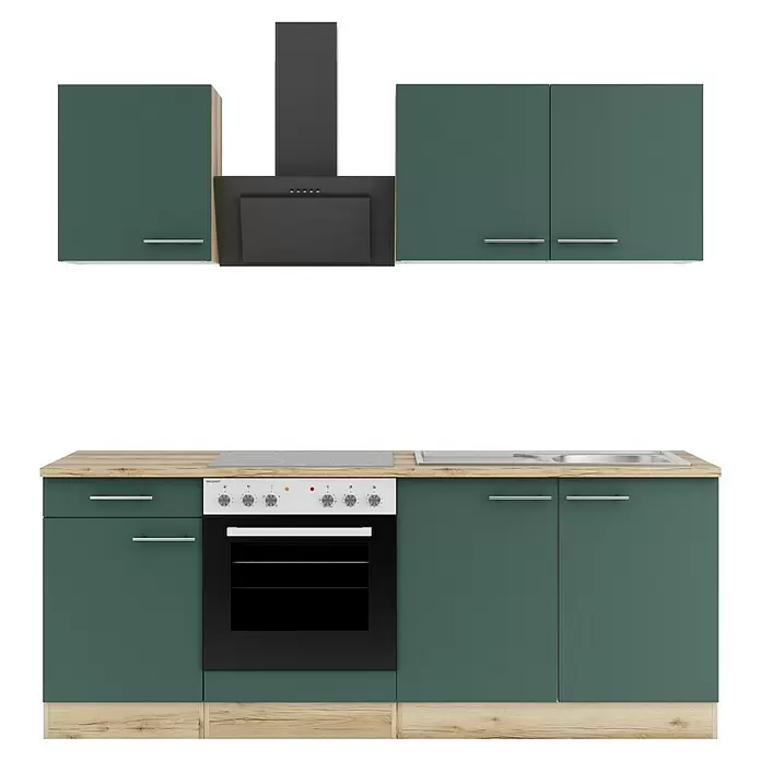 Optifit Savona405 Singleküche Typ 1 - Breite: 210 cm, Steingrün, Wechselseitig aufbaubar - Modulare Küchenzeile mit dunkelgrünen Schränken, heller Holzoptik, integriertem Backofen, Kochfeld, Spüle und Dunstabzugshaube.