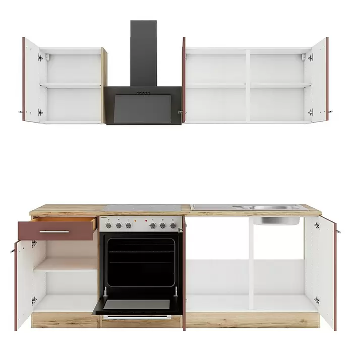 Optifit Bari407 Singleküche Typ 3 - Breite: 210 cm, Rostrot, Mit Elektrogeräten - Moderne modulare Küche mit rotbraunen Türen, weißen und hellen Holzelementen, dunkelgrauem Kochfeld, Backofen, Dunstabzugshaube, heller Arbeitsplatte, Türen geöffnet.