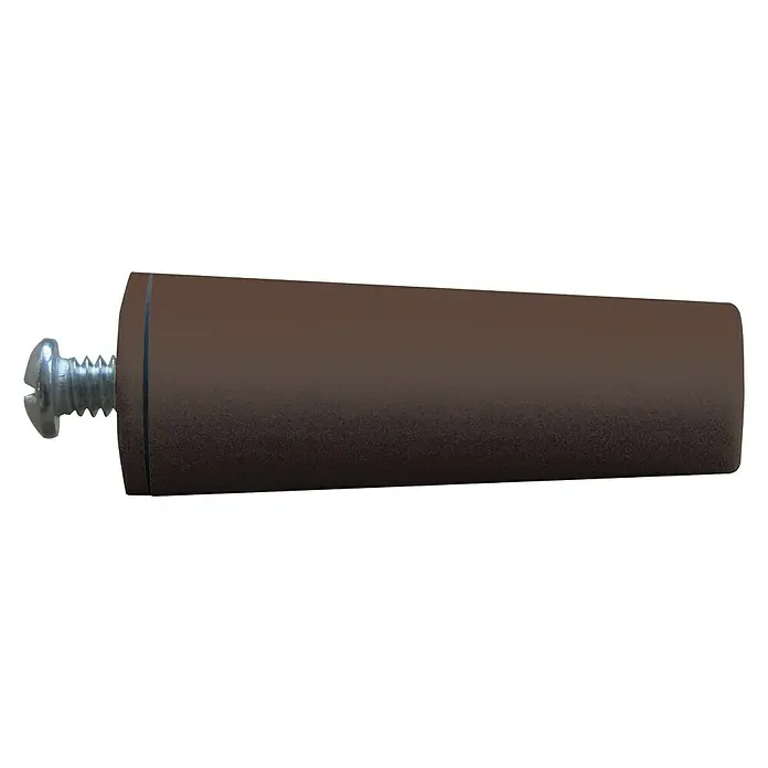 Schellenberg Tope de cierre para persiana - Marrón, Largo: 60 mm - Primer plano de una pata de mueble marrón con tornillo, diseñada para una fácil instalación, ideal para proyectos de bricolaje.