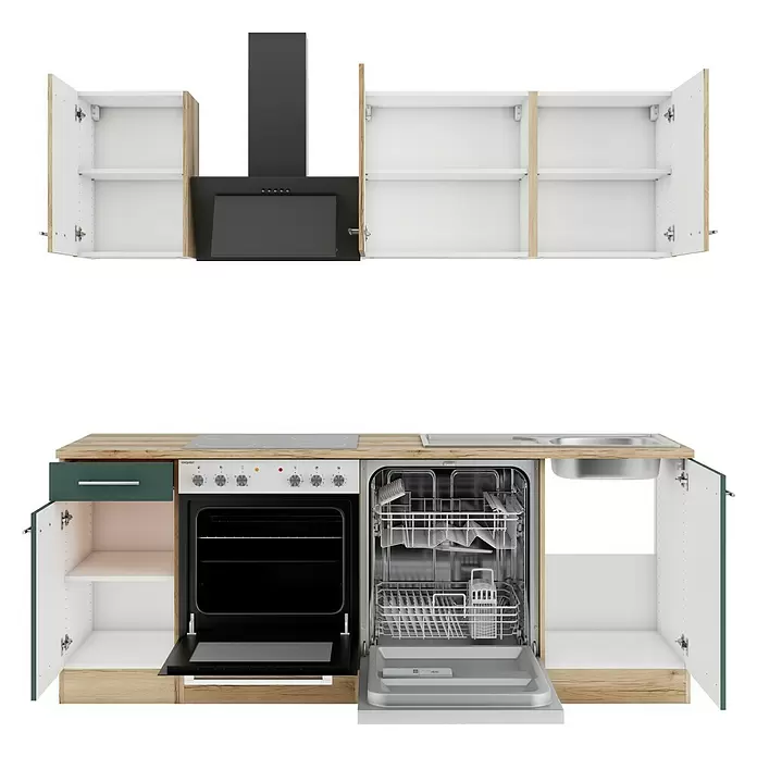 Optifit Livorno290 Singleküche Typ 3 - Breite: 210 cm, Steingrün/Wildeiche Nachbildung, Mit Elektrogeräten - Modulküche mit weißen, Holz- und dunkelgrünen Schränken, Backofen, Dunstabzugshaube, geöffnetem Geschirrspüler und Spüle.