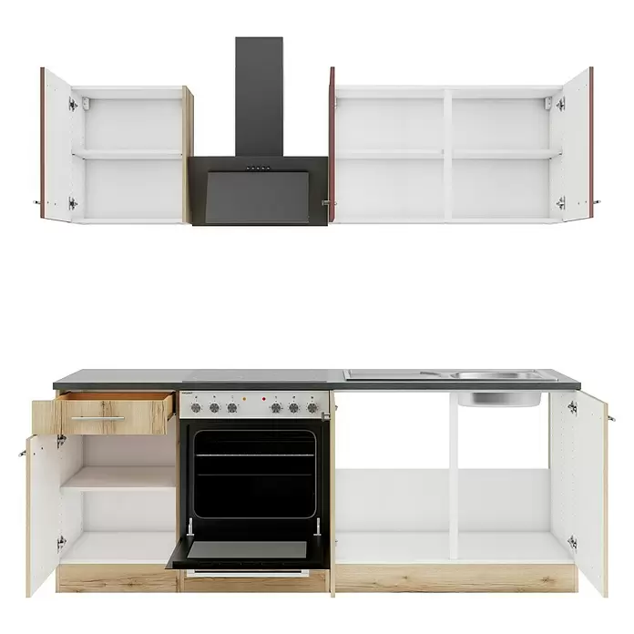 Optifit Bari407 Küchenleerblock Typ 4 - Breite: 210 cm, Rostbraun/Wildeiche Nachbildung, Ohne Elektrogeräte - Küchenschränke aus hellem Holz und Weiß mit Backofen, Dunstabzugshaube und Spüle.